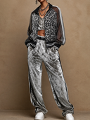 Women's Retro Casual Leopard Print Patchwork Velvet Zipper Jacket And Pants Two-Piece Set ZMZ3038G5ZJY
