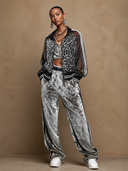 Women's Retro Casual Leopard Print Patchwork Velvet Zipper Jacket And Pants Two-Piece Set ZMZ3038G5ZJY