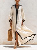 Women's Vintage Color-Block V-Neck Cotton-Linen Long-Sleeve Maxi Dress ZMZ3052G0SWL