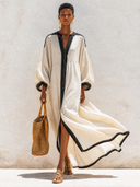 Women's Vintage Color-Block V-Neck Cotton-Linen Long-Sleeve Maxi Dress ZMZ3052G0SWL