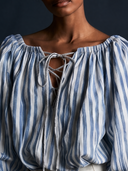 Women Vertical Stripe Blouse Off Shoulder Front Lace Up Puff Sleeve Drawstring Cropped Casual Top ZMZ2909G5YZH