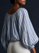 Women Vertical Stripe Blouse Off Shoulder Front Lace Up Puff Sleeve Drawstring Cropped Casual Top ZMZ2909G5YZH