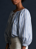 Women Vertical Stripe Blouse Off Shoulder Front Lace Up Puff Sleeve Drawstring Cropped Casual Top ZMZ2909G5YZH