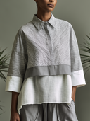Women Stripe Patchwork Shirt Collared 3/4 Sleeve Color Block Irregular Hem Loose Casual Blouse ZMZ2911G4YZH