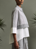Women Stripe Patchwork Shirt Collared 3/4 Sleeve Color Block Irregular Hem Loose Casual Blouse ZMZ2911G4YZH