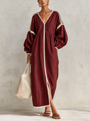 Women's Vintage Color-Block Cotton V-Neck Long-Sleeve Maxi Dress ZMZ3017G9SWL
