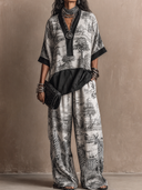 Women's Retro Casual Forest Print Three-Quarter Sleeve Top And Pants Set ZMZ3067G6ZJY