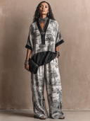 Women's Retro Casual Forest Print Three-Quarter Sleeve Top And Pants Set ZMZ3067G6ZJY