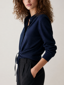 Women Navy Collared Long Sleeve Blouse Front Tie Waist Slim Fit Solid Casual Casual Office Top ZMZ2968G2YZH