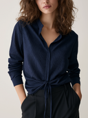 Women Navy Collared Long Sleeve Blouse Front Tie Waist Slim Fit Solid Casual Casual Office Top ZMZ2968G2YZH