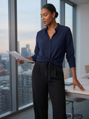 Women Navy Collared Long Sleeve Blouse Front Tie Waist Slim Fit Solid Casual Casual Office Top ZMZ2968G2YZH