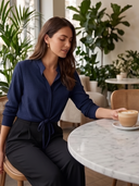 Women Navy Collared Long Sleeve Blouse Front Tie Waist Slim Fit Solid Casual Casual Office Top ZMZ2968G2YZH