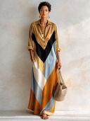 Women's Stylish Satin Color-block Long-sleeve Maxi Dress ZMZ3001G7SWL