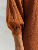 Women Caramel Boat Neck Knit Midi Dress 3/4 Puff Sleeve Loose Oversized Early Autumn Casual Dress ZMZ0339G3YZH