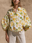 Women Yellow Green Watercolor Polka Dot Shirt Collar Puff Sleeve Cropped Button Down Casual Blouse ZMZ3090G2YZH
