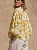 Women Yellow Green Watercolor Polka Dot Shirt Collar Puff Sleeve Cropped Button Down Casual Blouse ZMZ3090G2YZH