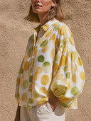 Women Yellow Green Watercolor Polka Dot Shirt Collar Puff Sleeve Cropped Button Down Casual Blouse ZMZ3090G2YZH