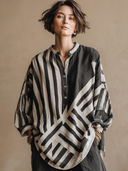 Women's Vintage Casual Striped Cotton-Linen Henley Lantern Sleeves Shirt And Wide-Leg Pants Set ZMZ2900G4ZYY