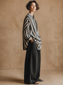 Women's Vintage Casual Striped Cotton-Linen Henley Lantern Sleeves Shirt And Wide-Leg Pants Set ZMZ2900G4ZYY