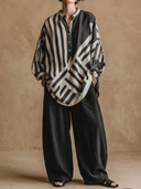 Women's Vintage Casual Striped Cotton-Linen Henley Lantern Sleeves Shirt And Wide-Leg Pants Set ZMZ2900G4ZYY