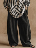 Women's Vintage Casual Striped Cotton-Linen Henley Lantern Sleeves Shirt And Wide-Leg Pants Set ZMZ2900G4ZYY