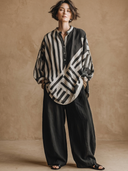 Women's Vintage Casual Striped Cotton-Linen Henley Lantern Sleeves Shirt And Wide-Leg Pants Set ZMZ2900G4ZYY