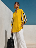 Women's Casual-Chic Cotton-Linen Striped With Stand Collar And Lantern Sleeves Shirt ZMZ2904G3ZYY