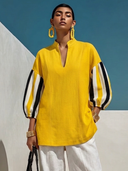 Women's Casual-Chic Cotton-Linen Striped With Stand Collar And Lantern Sleeves Shirt ZMZ2904G3ZYY