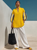 Women's Casual-Chic Cotton-Linen Striped With Stand Collar And Lantern Sleeves Shirt ZMZ2904G3ZYY
