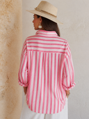 Women's Fashion Stand Collar Pink Striped Cotton Long-Sleeve Shirt ZMZ2923G8SWL