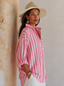 Women's Fashion Stand Collar Pink Striped Cotton Long-Sleeve Shirt ZMZ2923G8SWL