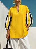 Women's Casual-Chic Cotton-Linen Striped With Stand Collar And Lantern Sleeves Shirt ZMZ2904G3ZYY