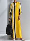 Women's Casual Cotton-Linen Printed Vertical-Stripe Round Neck And Lantern Sleeves Loose Maxi Dress ZMZ3069G8ZYY