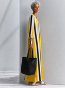 Women's Casual Cotton-Linen Printed Vertical-Stripe Round Neck And Lantern Sleeves Loose Maxi Dress ZMZ3069G8ZYY