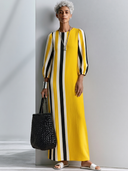 Women's Casual Cotton-Linen Printed Vertical-Stripe Round Neck And Lantern Sleeves Loose Maxi Dress ZMZ3069G8ZYY