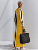 Women's Casual Cotton-Linen Printed Vertical-Stripe Round Neck And Lantern Sleeves Loose Maxi Dress ZMZ3069G8ZYY