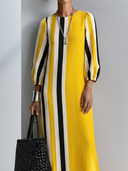 Women's Casual Cotton-Linen Printed Vertical-Stripe Round Neck And Lantern Sleeves Loose Maxi Dress ZMZ3069G8ZYY