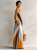 Women's Stylish Satin Color-block Long-sleeve Maxi Dress ZMZ3001G7SWL