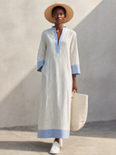Women's Classic Cotton V-Neck Color-Block Striped Maxi Dress ZMZ2915G8SWL