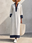 Women's Classic Cotton V-Neck Color-Block Striped Maxi Dress ZMZ2915G8SWL