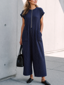 Women's Classic Navy Blue Cotton Striped Zip-up Collar Loose Jumpsuit ZMZ3025G8SWL