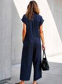 Women's Classic Navy Blue Cotton Striped Zip-up Collar Loose Jumpsuit ZMZ3025G8SWL