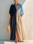 Women's Stylish Cotton Color-block Half-sleeve Maxi Dress ZMZ3035G9SWL