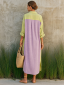 Women's Fashionable Color-Block Cotton-Linen Long-Sleeve Shirt Dress ZMZ1491G4SWL