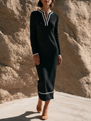 Women Ribbed Knit Midi Dress Contrast Piping V Neck Long Sleeve Elegant Causal Office Dress ZMZ3177G4YZH