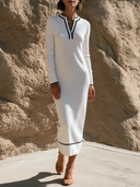 Women Ribbed Knit Midi Dress Contrast Piping V Neck Long Sleeve Elegant Causal Office Dress ZMZ3177G4YZH