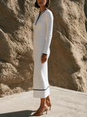 Women Ribbed Knit Midi Dress Contrast Piping V Neck Long Sleeve Elegant Causal Office Dress ZMZ3177G4YZH