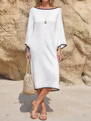 Women Boat Neck Knit Midi Dress 3/4 Flare Sleeve Black Contrast Trim Loose Beach Cover Up Dress ZMZ3190G6YZH