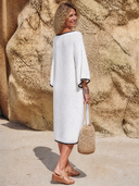 Women Boat Neck Knit Midi Dress 3/4 Flare Sleeve Black Contrast Trim Loose Beach Cover Up Dress ZMZ3190G6YZH