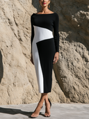 Women Color Block Midi Dress Boat Neck Long Sleeve Bodycon Elegant Formal Dress ZMZ3146G3YZH